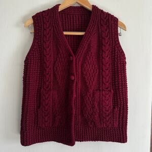80s Vintage Burgundy Handmade Wool Fisherman Knit Sweater Vest Approx Medium
